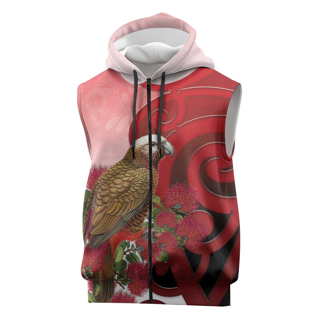 New Zealand Parrot Kaka Sleeveless Zip Hoodie Maori Koru With Pohutukawa Flowers - Polynesian Pride
