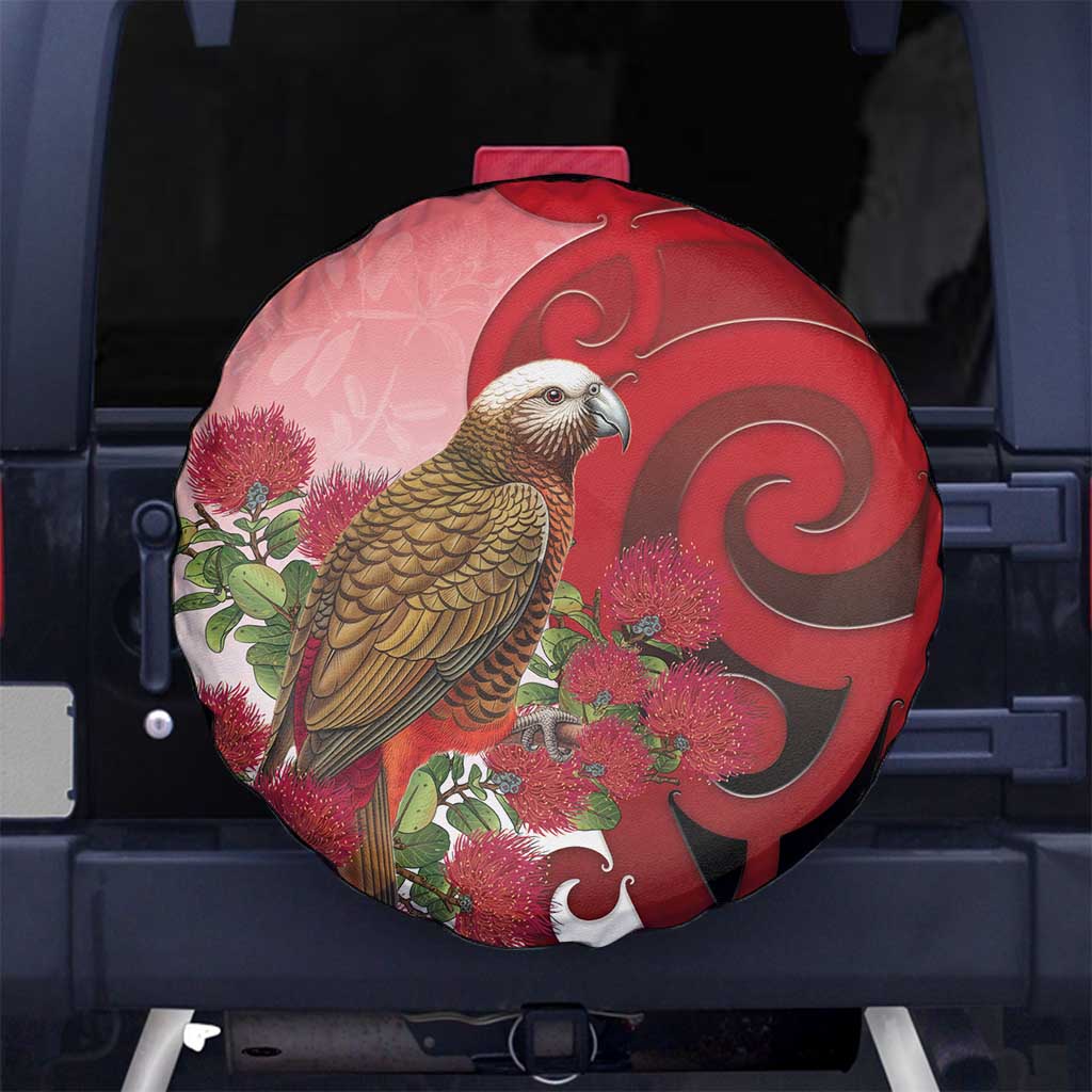New Zealand Parrot Kaka Spare Tire Cover Maori Koru With Pohutukawa Flowers - Polynesian Pride