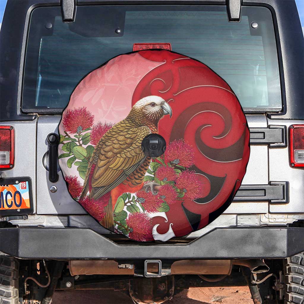 New Zealand Parrot Kaka Spare Tire Cover Maori Koru With Pohutukawa Flowers LT05 Red - Polynesian Pride
