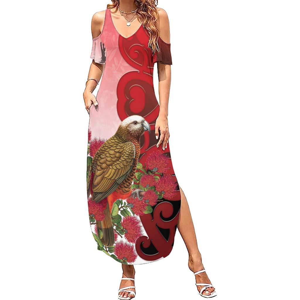 New Zealand Parrot Kaka Summer Maxi Dress Maori Koru With Pohutukawa Flowers LT05 Women Red - Polynesian Pride