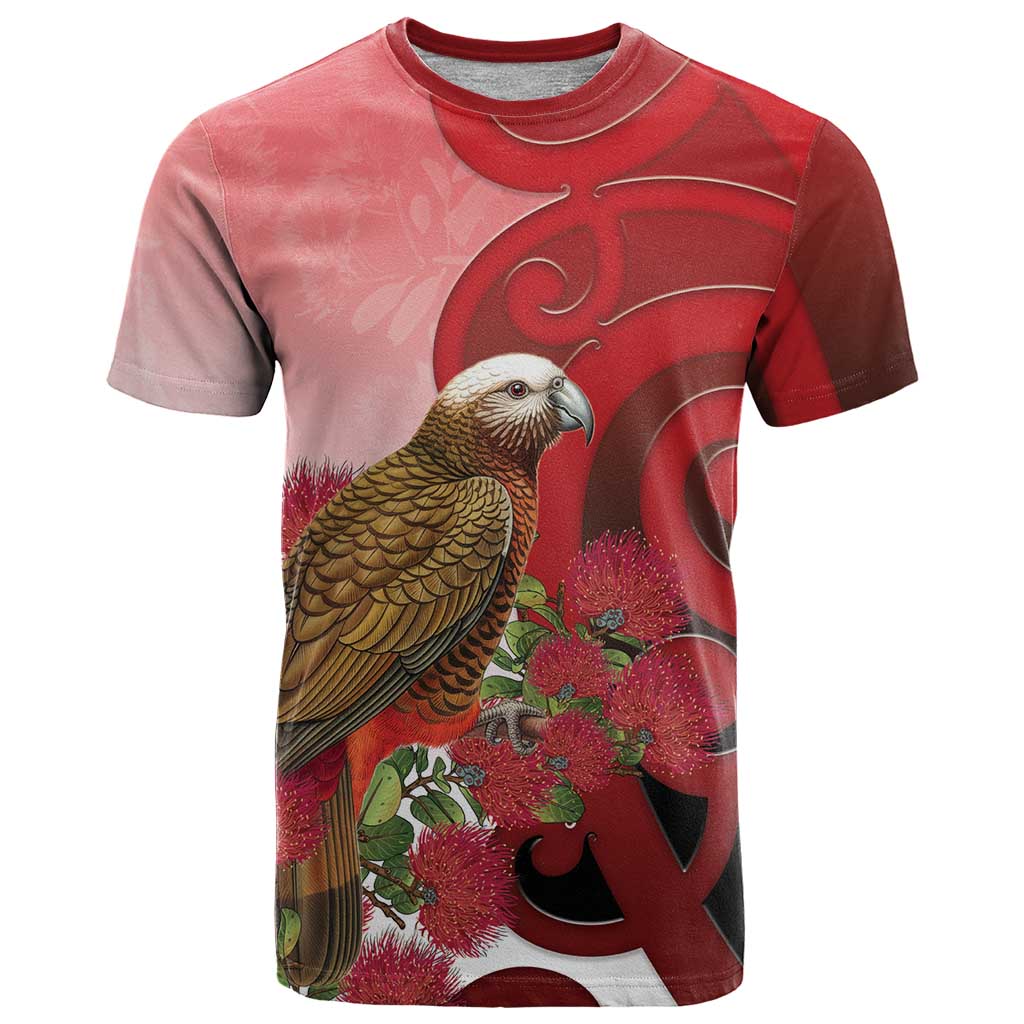 New Zealand Parrot Kaka T Shirt Maori Koru With Pohutukawa Flowers LT05 Red - Polynesian Pride