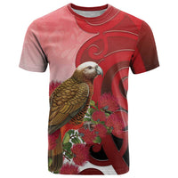 New Zealand Parrot Kaka T Shirt Maori Koru With Pohutukawa Flowers LT05 Red - Polynesian Pride