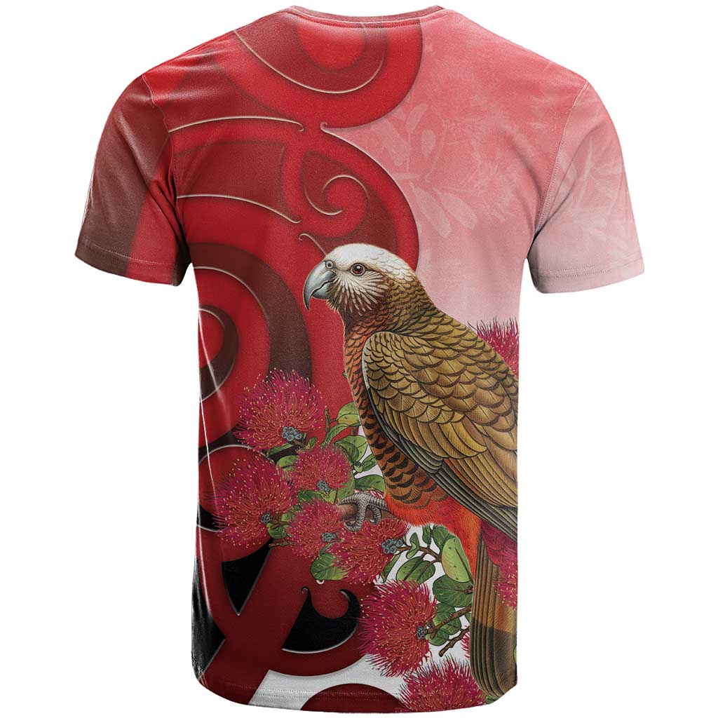 New Zealand Parrot Kaka T Shirt Maori Koru With Pohutukawa Flowers LT05 - Polynesian Pride