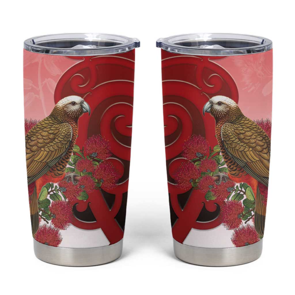 New Zealand Parrot Kaka Tumbler Cup Maori Koru With Pohutukawa Flowers LT05 Red - Polynesian Pride