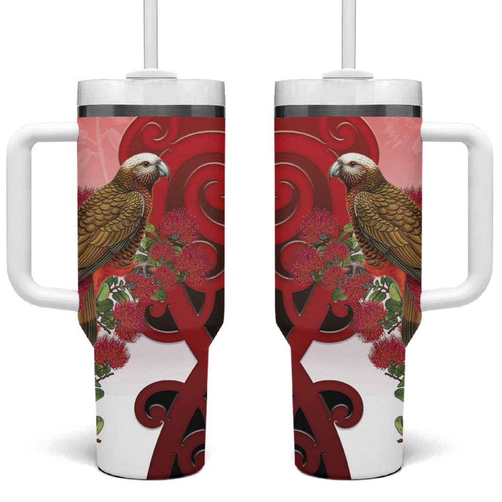 New Zealand Parrot Kaka Tumbler With Handle Maori Koru With Pohutukawa Flowers LT05 One Size: 40 oz Red - Polynesian Pride