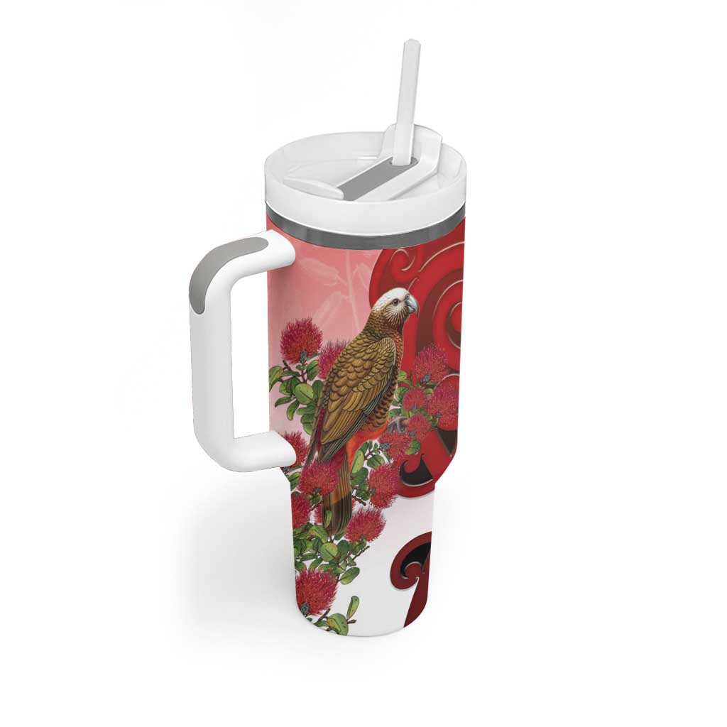 New Zealand Parrot Kaka Tumbler With Handle Maori Koru With Pohutukawa Flowers LT05 - Polynesian Pride