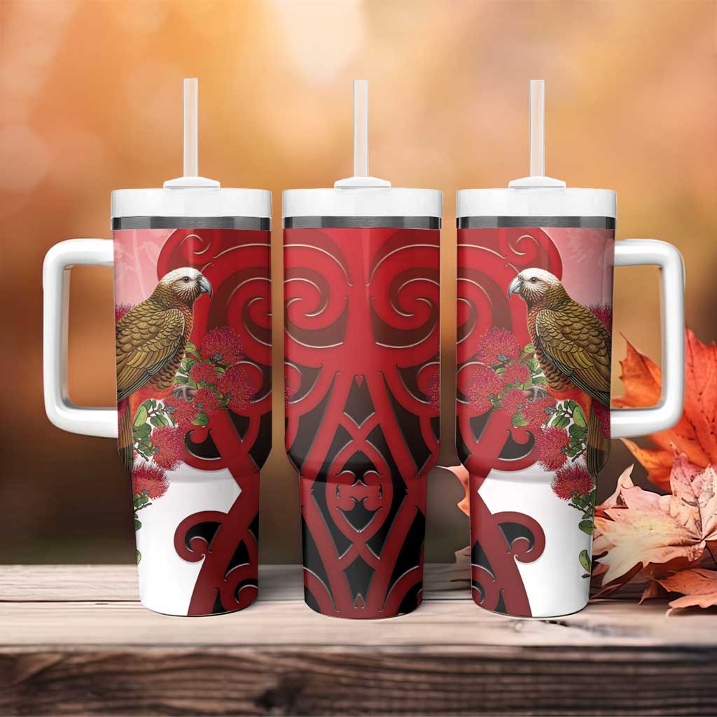 New Zealand Parrot Kaka Tumbler With Handle Maori Koru With Pohutukawa Flowers LT05 - Polynesian Pride