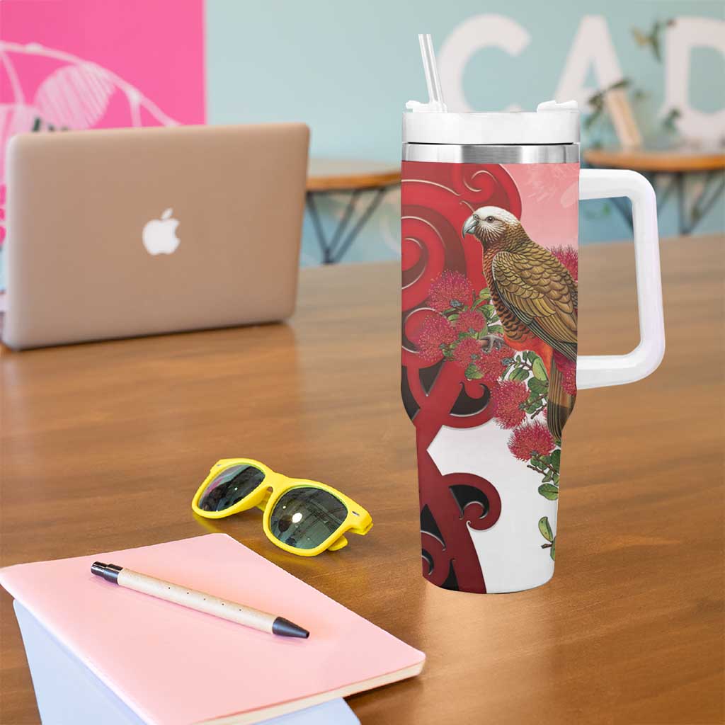 New Zealand Parrot Kaka Tumbler With Handle Maori Koru With Pohutukawa Flowers LT05 - Polynesian Pride