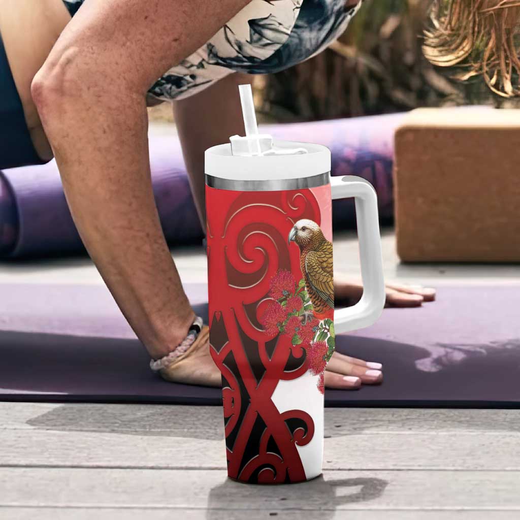 New Zealand Parrot Kaka Tumbler With Handle Maori Koru With Pohutukawa Flowers LT05 - Polynesian Pride
