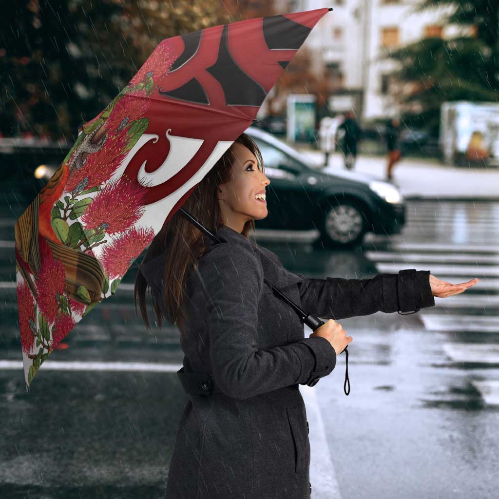 New Zealand Parrot Kaka Umbrella Maori Koru With Pohutukawa Flowers - Polynesian Pride