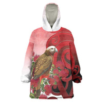 New Zealand Parrot Kaka Wearable Blanket Hoodie Maori Koru With Pohutukawa Flowers LT05 One Size Red - Polynesian Pride