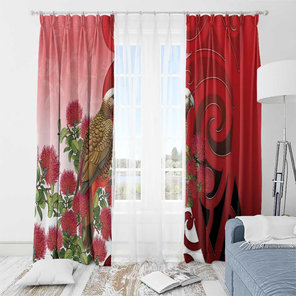 New Zealand Parrot Kaka Window Curtain Maori Koru With Pohutukawa Flowers - Polynesian Pride