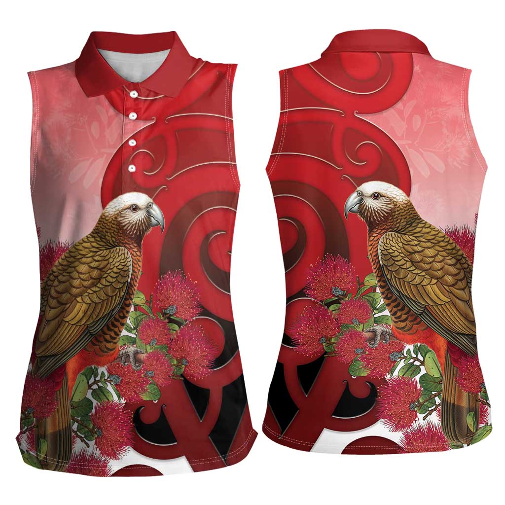 New Zealand Parrot Kaka Women Sleeveless Polo Shirt Maori Koru With Pohutukawa Flowers LT05 - Polynesian Pride