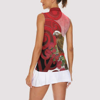 New Zealand Parrot Kaka Women Sleeveless Polo Shirt Maori Koru With Pohutukawa Flowers LT05 - Polynesian Pride