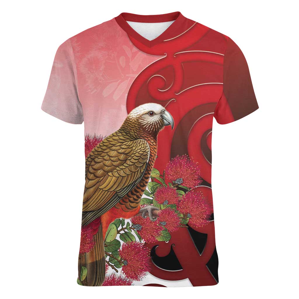 New Zealand Parrot Kaka Women V-Neck T-Shirt Maori Koru With Pohutukawa Flowers - Polynesian Pride