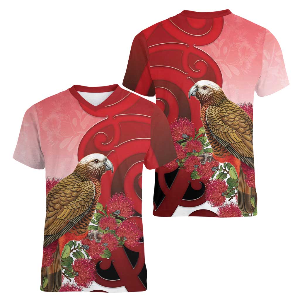New Zealand Parrot Kaka Women V-Neck T-Shirt Maori Koru With Pohutukawa Flowers LT05 - Polynesian Pride