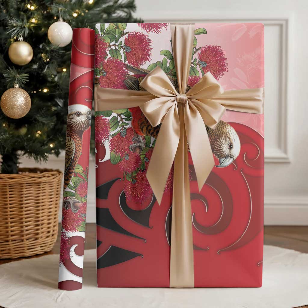 New Zealand Parrot Kaka Wrapping Paper Maori Koru With Pohutukawa Flowers LT05 - Polynesian Pride