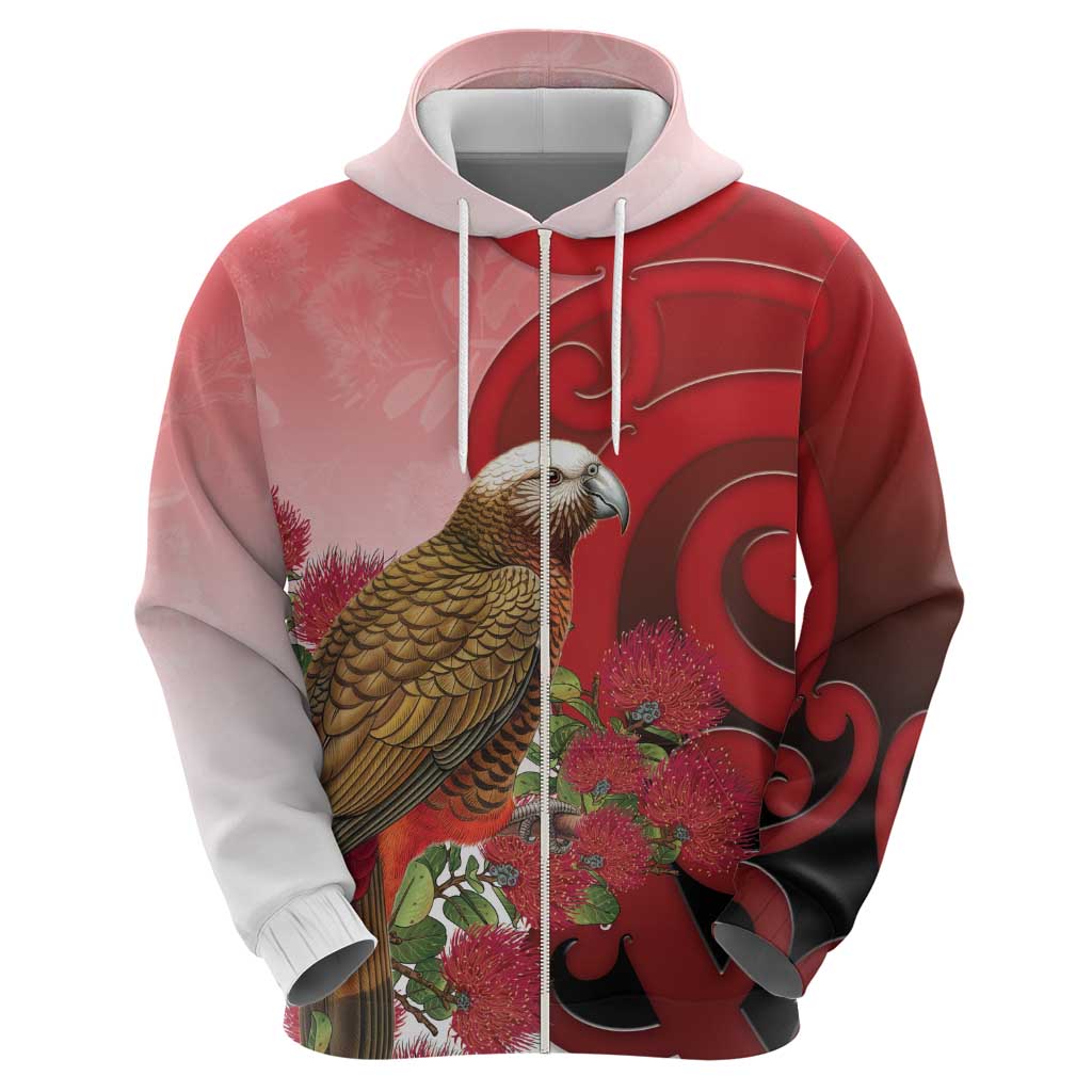 New Zealand Parrot Kaka Zip Hoodie Maori Koru With Pohutukawa Flowers LT05 - Polynesian Pride