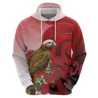 New Zealand Parrot Kaka Zip Hoodie Maori Koru With Pohutukawa Flowers LT05 - Polynesian Pride