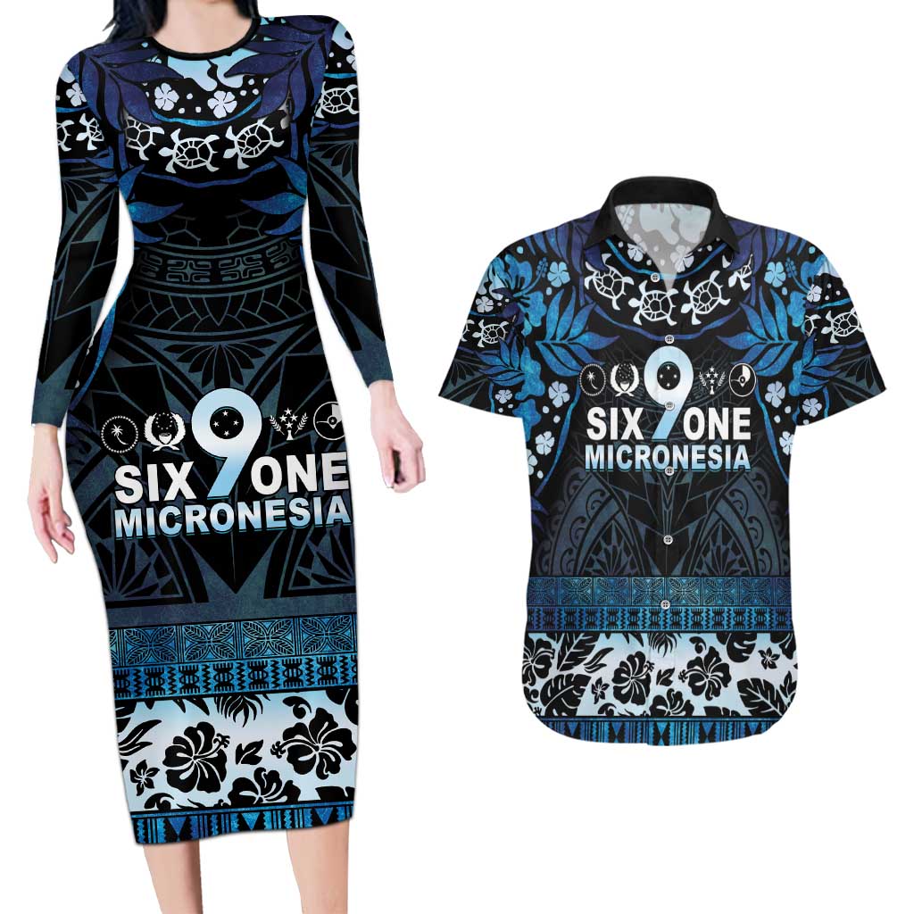 Micronesia FSM 691 Couples Matching Long Sleeve Bodycon Dress and Hawaiian Shirt Respect Culture LT05 Blue - Polynesian Pride