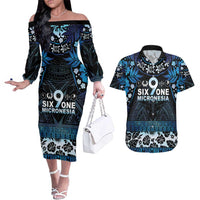 Micronesia FSM 691 Couples Matching Off The Shoulder Long Sleeve Dress and Hawaiian Shirt Respect Culture LT05 Blue - Polynesian Pride