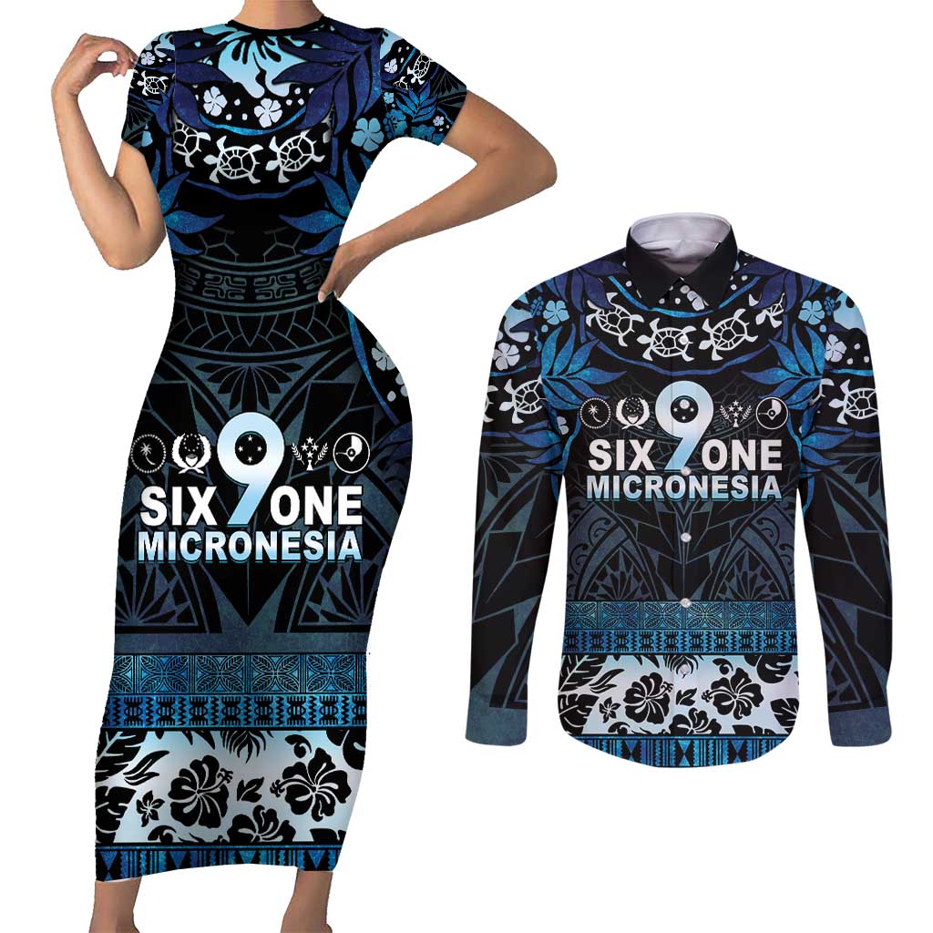 Micronesia FSM 691 Couples Matching Short Sleeve Bodycon Dress and Long Sleeve Button Shirt Respect Culture LT05 Blue - Polynesian Pride