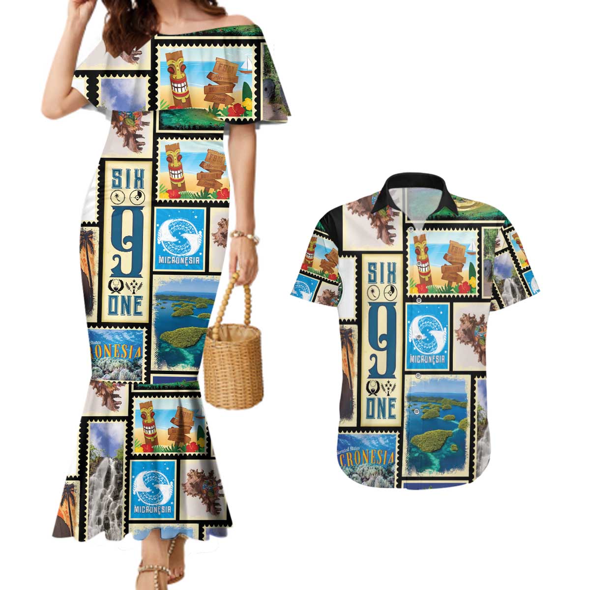 FSM Micronesia Culture Couples Matching Mermaid Dress and Hawaiian Shirt