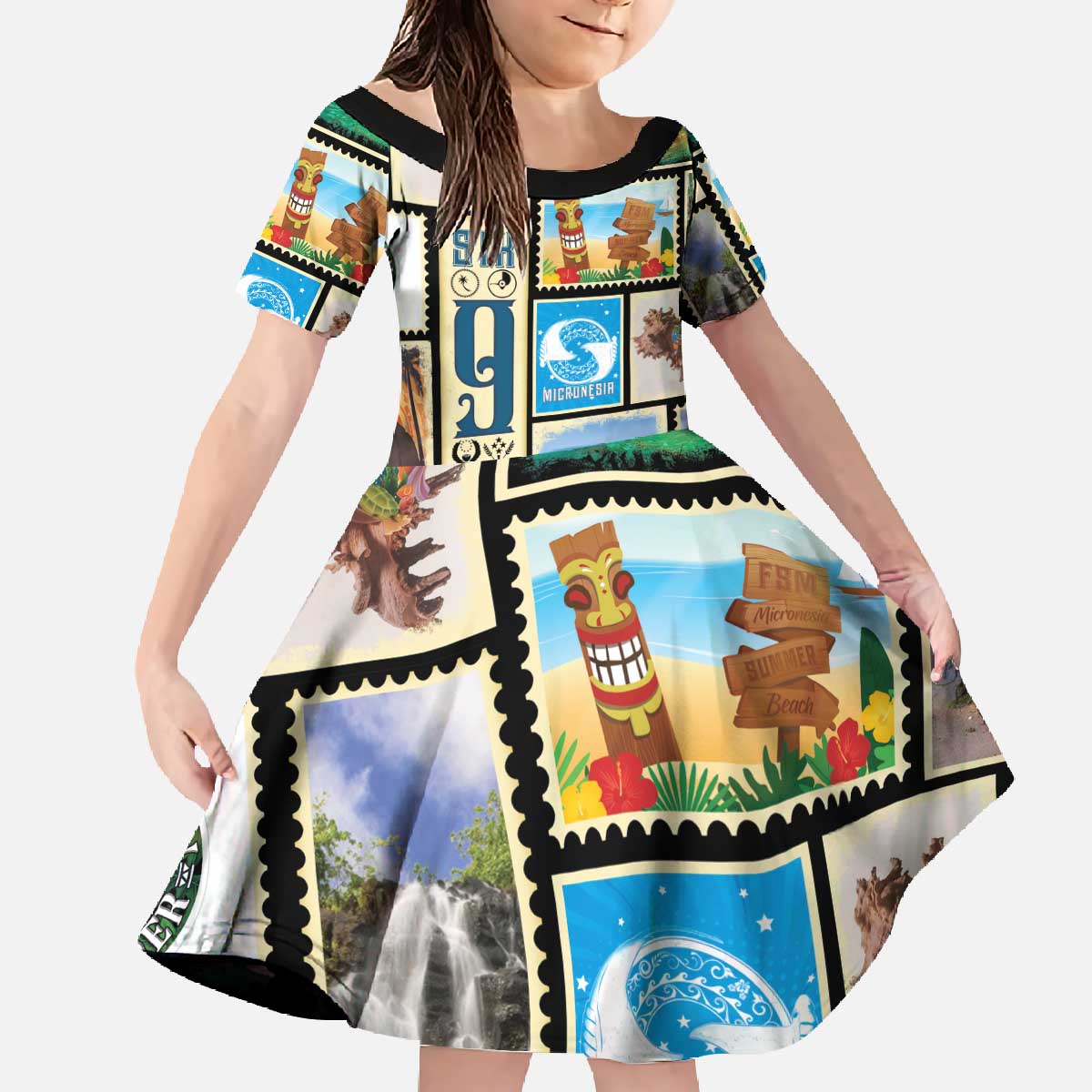 FSM Micronesia Culture Family Matching Off The Shoulder Long Sleeve Dress and Hawaiian Shirt LT05 Daughter's Dress Colorful - Polynesian Pride