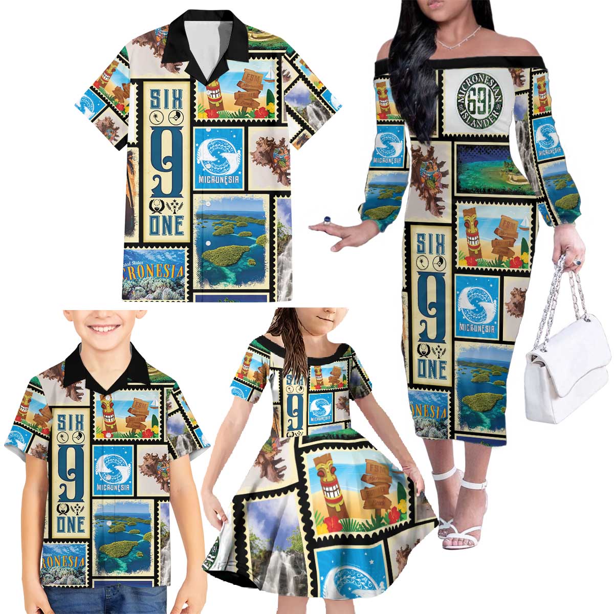 FSM Micronesia Culture Family Matching Off The Shoulder Long Sleeve Dress and Hawaiian Shirt LT05 - Polynesian Pride