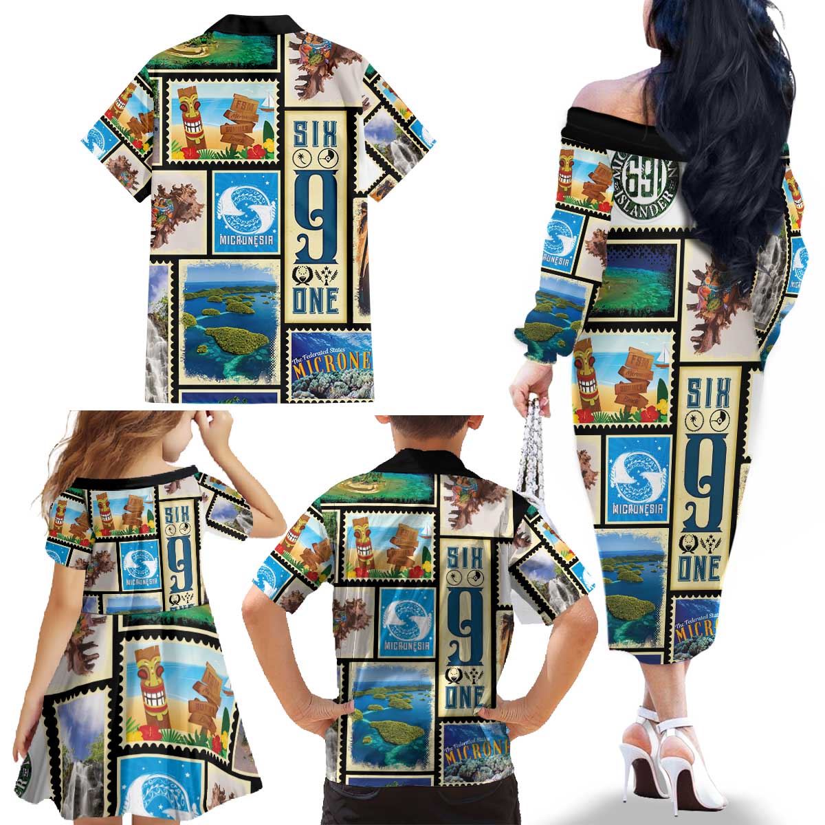 FSM Micronesia Culture Family Matching Off The Shoulder Long Sleeve Dress and Hawaiian Shirt LT05 - Polynesian Pride