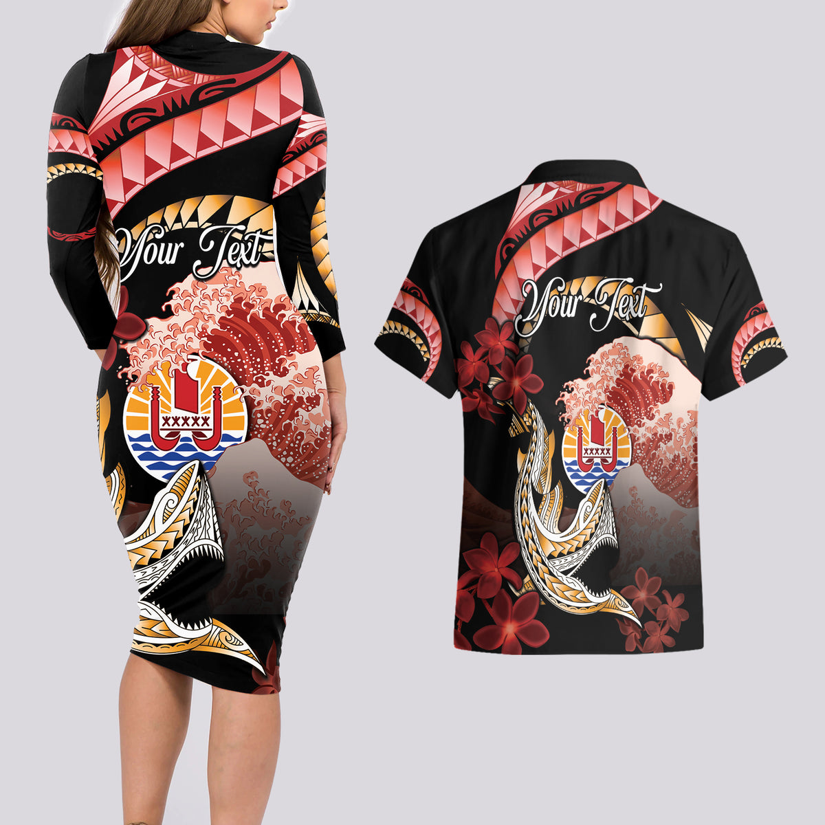 Personalised French Polynesia Victory Day Couples Matching Long Sleeve Bodycon Dress and Hawaiian Shirt Polynesian Pattern Plumeria LT05 - Polynesian Pride