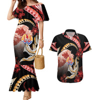 Personalised French Polynesia Victory Day Couples Matching Mermaid Dress and Hawaiian Shirt Polynesian Pattern Plumeria LT05 Black - Polynesian Pride