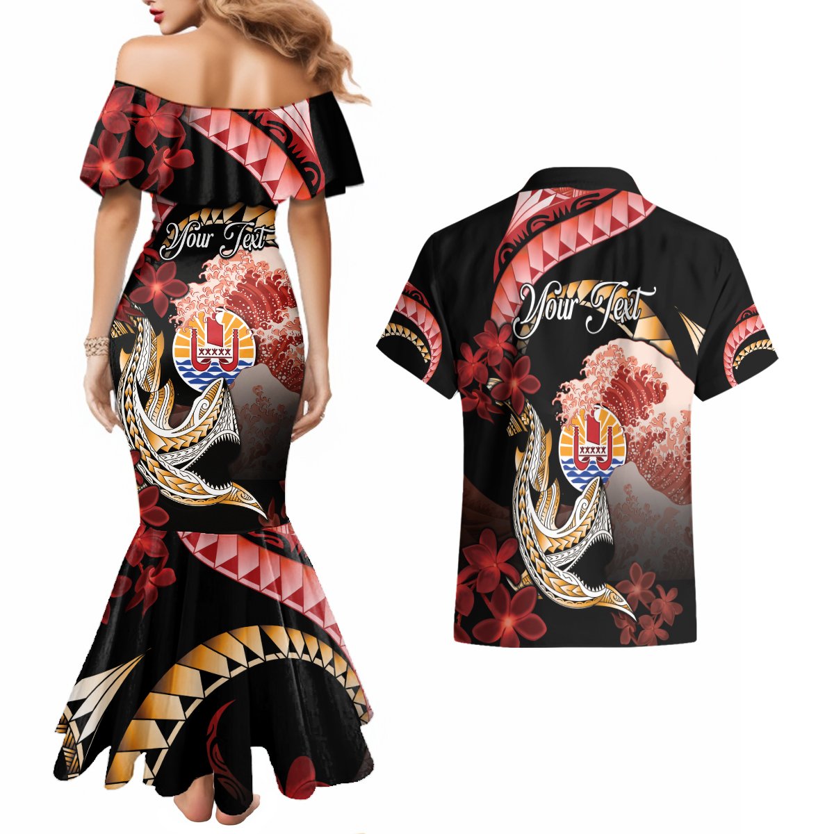 Personalised French Polynesia Victory Day Couples Matching Mermaid Dress and Hawaiian Shirt Polynesian Pattern Plumeria LT05 - Polynesian Pride