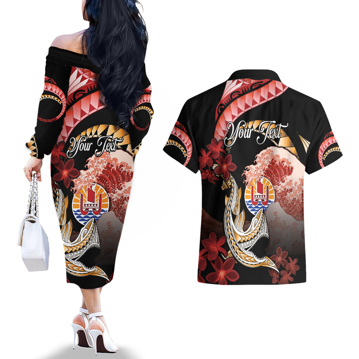 Personalised French Polynesia Victory Day Couples Matching Off The Shoulder Long Sleeve Dress and Hawaiian Shirt Polynesian Pattern Plumeria LT05 - Polynesian Pride