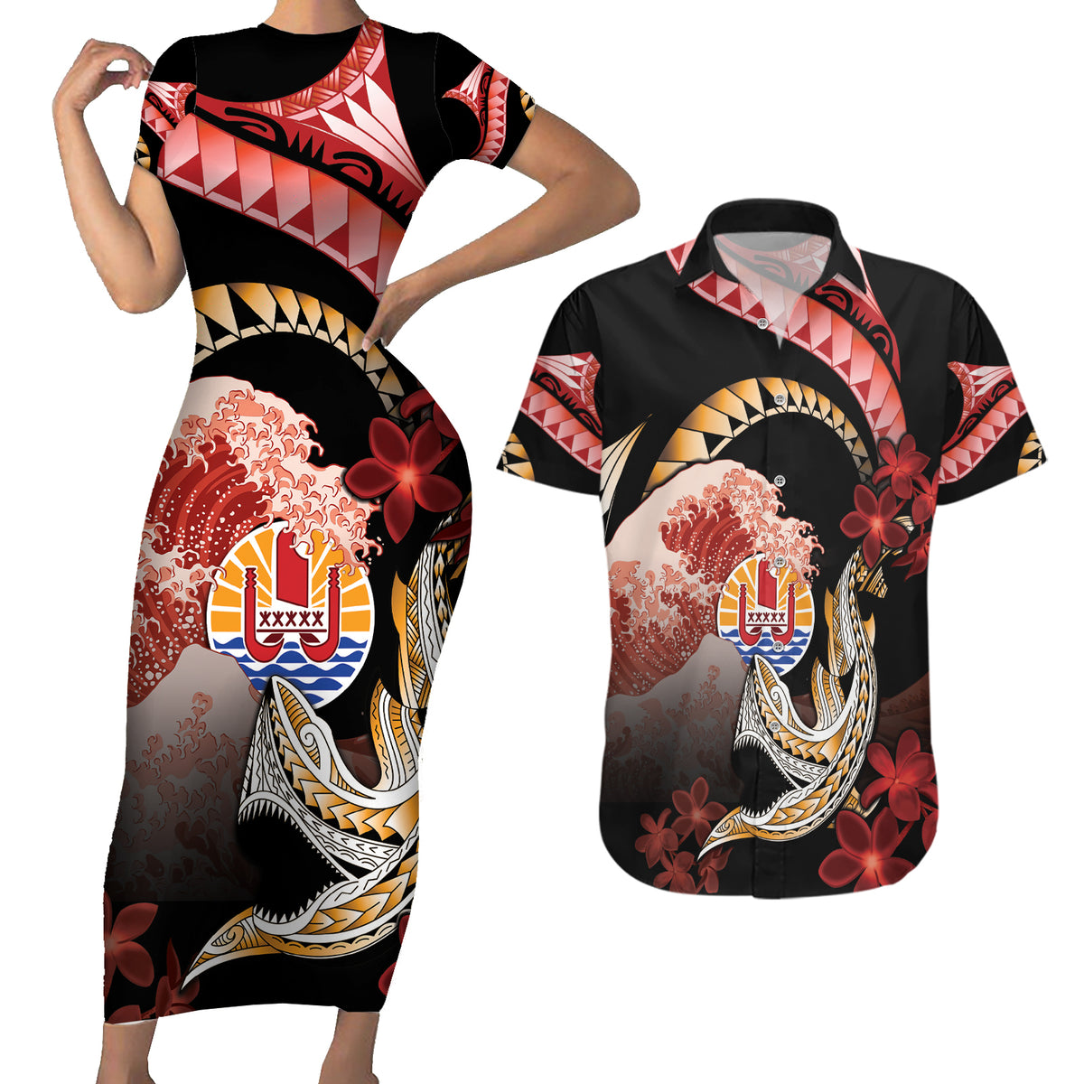 Personalised French Polynesia Victory Day Couples Matching Short Sleeve Bodycon Dress and Hawaiian Shirt Polynesian Pattern Plumeria LT05 Black - Polynesian Pride