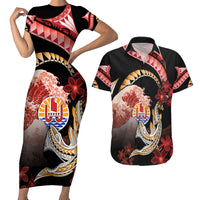 Personalised French Polynesia Victory Day Couples Matching Short Sleeve Bodycon Dress and Hawaiian Shirt Polynesian Pattern Plumeria LT05 Black - Polynesian Pride
