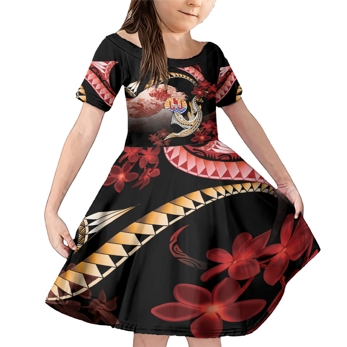 Personalised French Polynesia Victory Day Family Matching Mermaid Dress and Hawaiian Shirt Polynesian Pattern Plumeria LT05 Daughter's Dress Black - Polynesian Pride