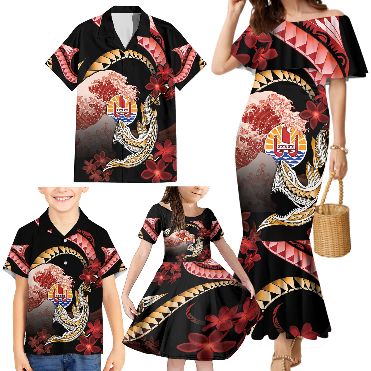 Personalised French Polynesia Victory Day Family Matching Mermaid Dress and Hawaiian Shirt Polynesian Pattern Plumeria LT05 - Polynesian Pride