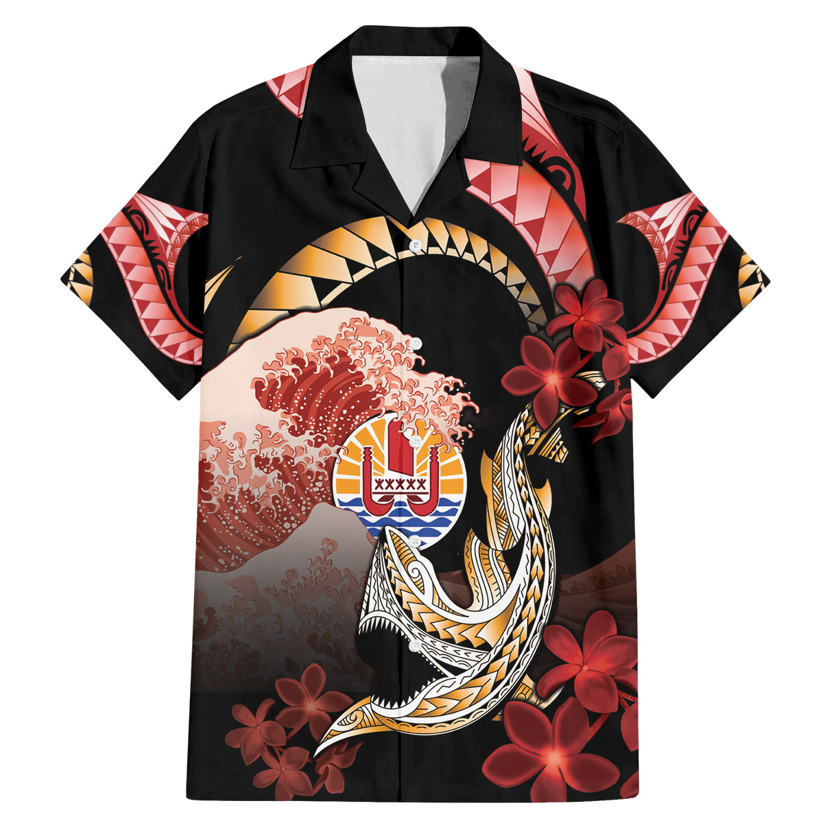 Personalised French Polynesia Victory Day Family Matching Mermaid Dress and Hawaiian Shirt Polynesian Pattern Plumeria LT05 Dad's Shirt - Short Sleeve Black - Polynesian Pride