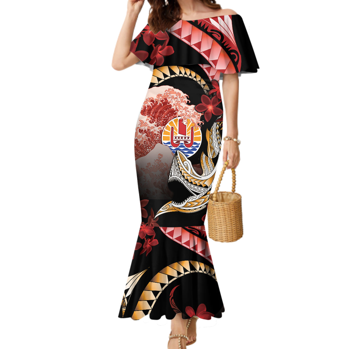 Personalised French Polynesia Victory Day Family Matching Mermaid Dress and Hawaiian Shirt Polynesian Pattern Plumeria LT05 Mom's Dress Black - Polynesian Pride