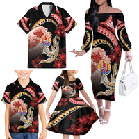 Personalised French Polynesia Victory Day Family Matching Off The Shoulder Long Sleeve Dress and Hawaiian Shirt Polynesian Pattern Plumeria LT05 - Polynesian Pride