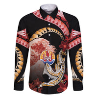 Personalised French Polynesia Victory Day Family Matching Off The Shoulder Long Sleeve Dress and Hawaiian Shirt Polynesian Pattern Plumeria LT05 Dad's Shirt - Long Sleeve Black - Polynesian Pride