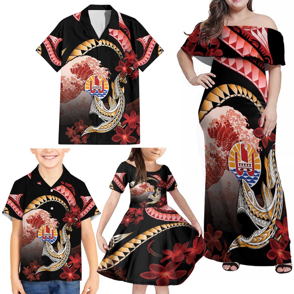 Personalised French Polynesia Victory Day Family Matching Off Shoulder Maxi Dress and Hawaiian Shirt Polynesian Pattern Plumeria LT05 - Polynesian Pride