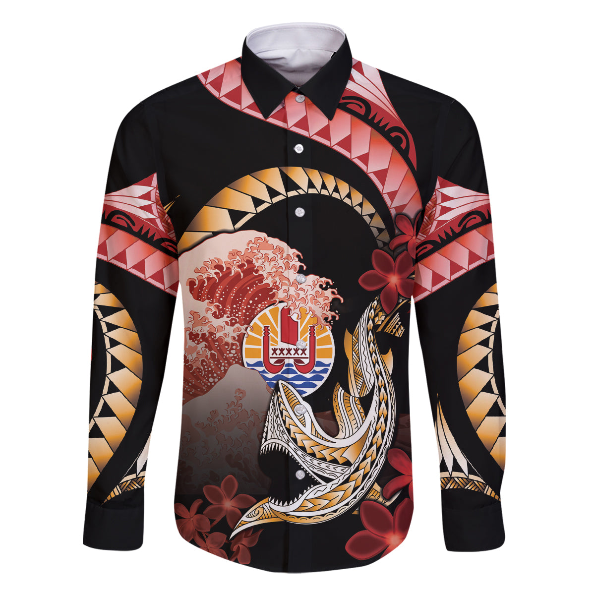 Personalised French Polynesia Victory Day Family Matching Off Shoulder Maxi Dress and Hawaiian Shirt Polynesian Pattern Plumeria LT05 Dad's Shirt - Long Sleeve Black - Polynesian Pride