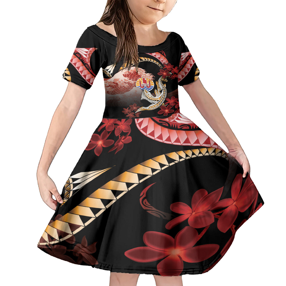 Personalised French Polynesia Victory Day Family Matching Off Shoulder Short Dress and Hawaiian Shirt Polynesian Pattern Plumeria LT05 Daughter's Dress Black - Polynesian Pride