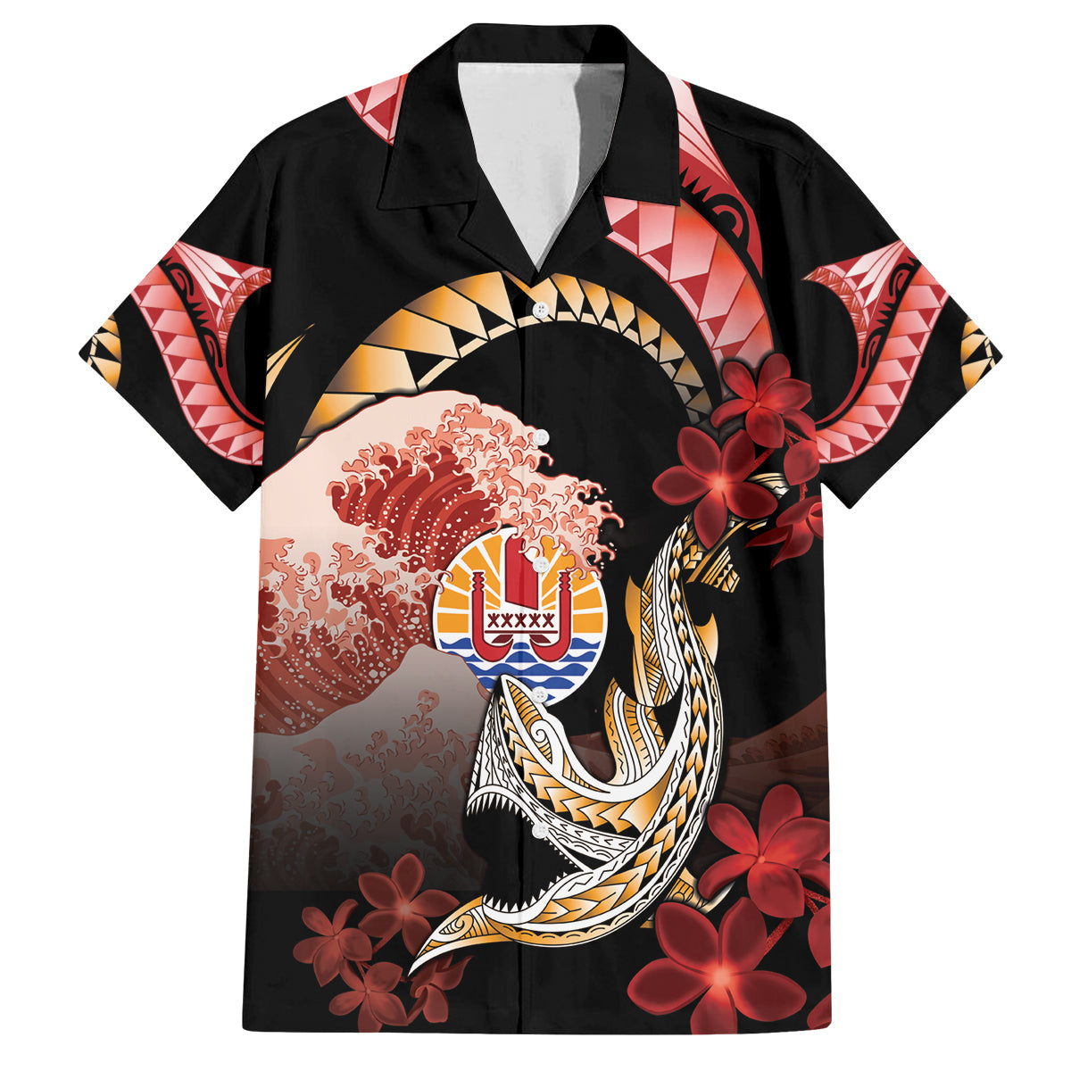 Personalised French Polynesia Victory Day Family Matching Off Shoulder Short Dress and Hawaiian Shirt Polynesian Pattern Plumeria LT05 Dad's Shirt - Short Sleeve Black - Polynesian Pride