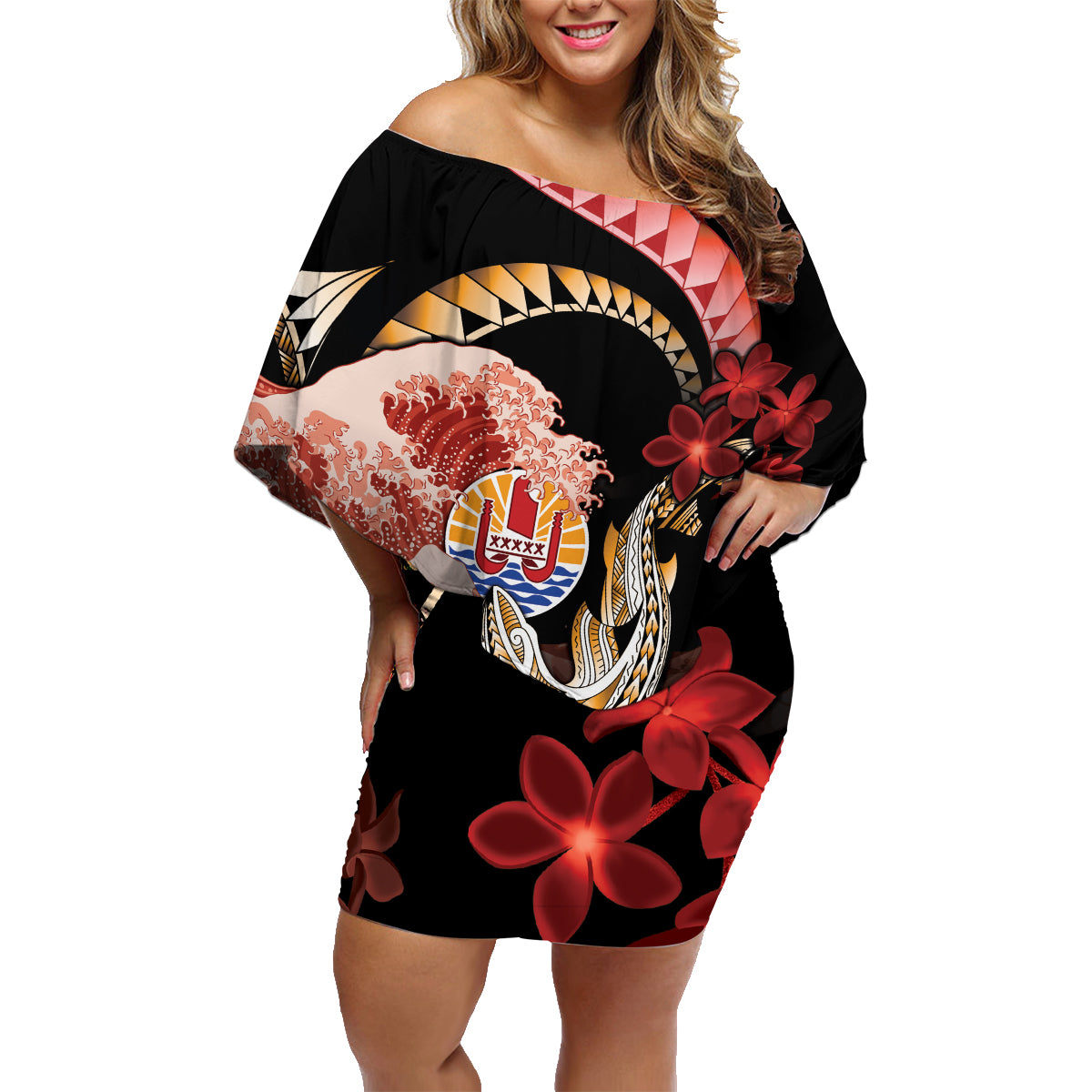 Personalised French Polynesia Victory Day Family Matching Off Shoulder Short Dress and Hawaiian Shirt Polynesian Pattern Plumeria LT05 Mom's Dress Black - Polynesian Pride