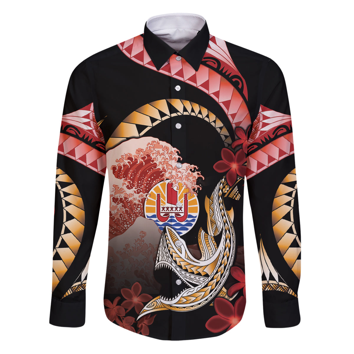 Personalised French Polynesia Victory Day Family Matching Puletasi and Hawaiian Shirt Polynesian Pattern Plumeria LT05 Dad's Shirt - Long Sleeve Black - Polynesian Pride