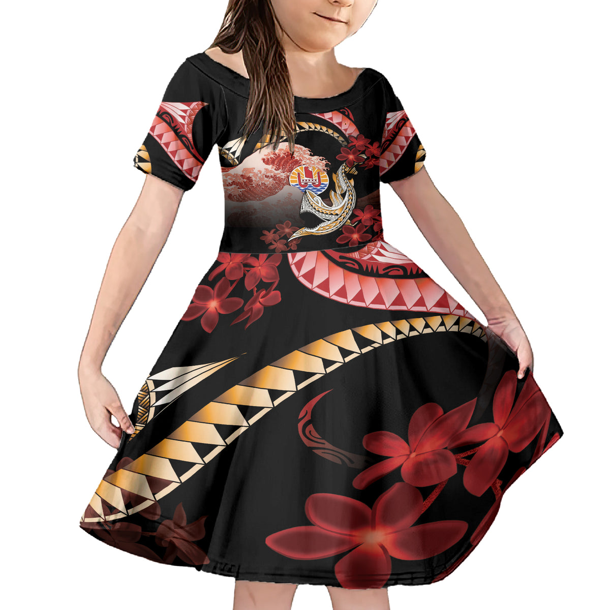Personalised French Polynesia Victory Day Family Matching Short Sleeve Bodycon Dress and Hawaiian Shirt Polynesian Pattern Plumeria LT05 Daughter's Dress Black - Polynesian Pride