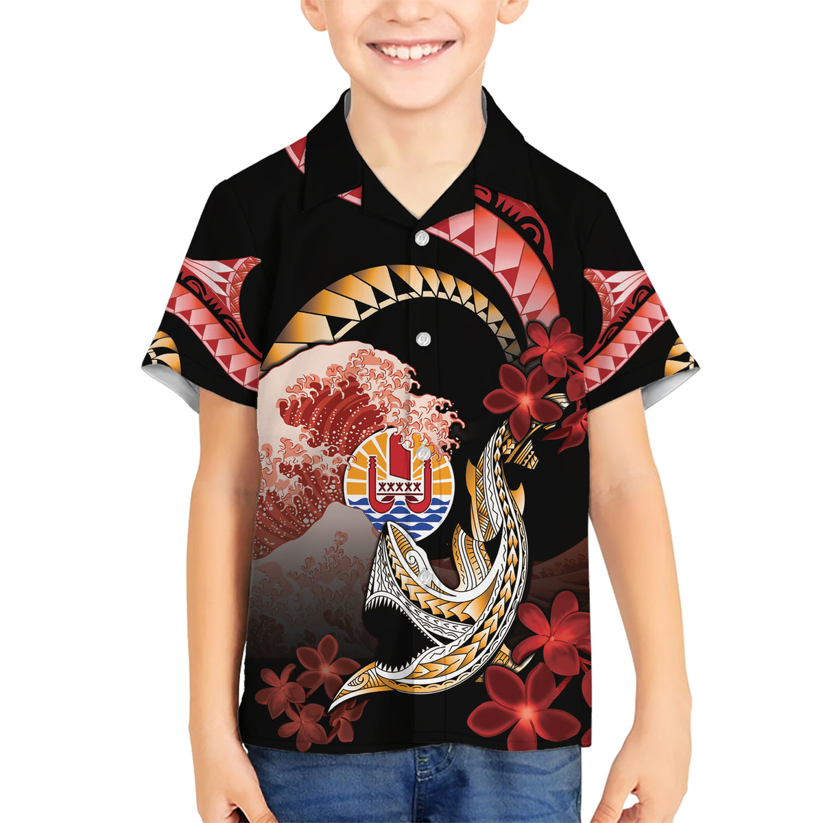 Personalised French Polynesia Victory Day Family Matching Short Sleeve Bodycon Dress and Hawaiian Shirt Polynesian Pattern Plumeria LT05 Son's Shirt Black - Polynesian Pride
